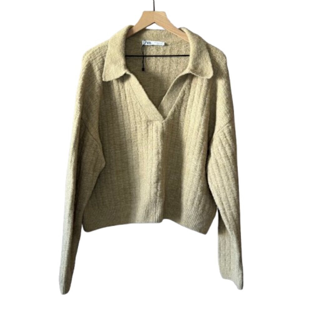 Women's L Zara Johnny Collar Sweater Tan Textured Fuzzy Sweater